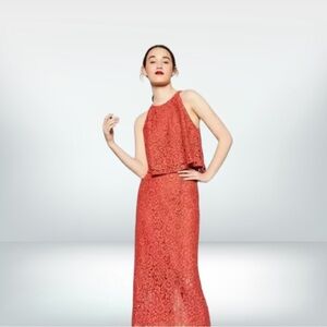 Zara Women 2 Piece Orange Lace Pencil Skirt, Crop Top Set. M